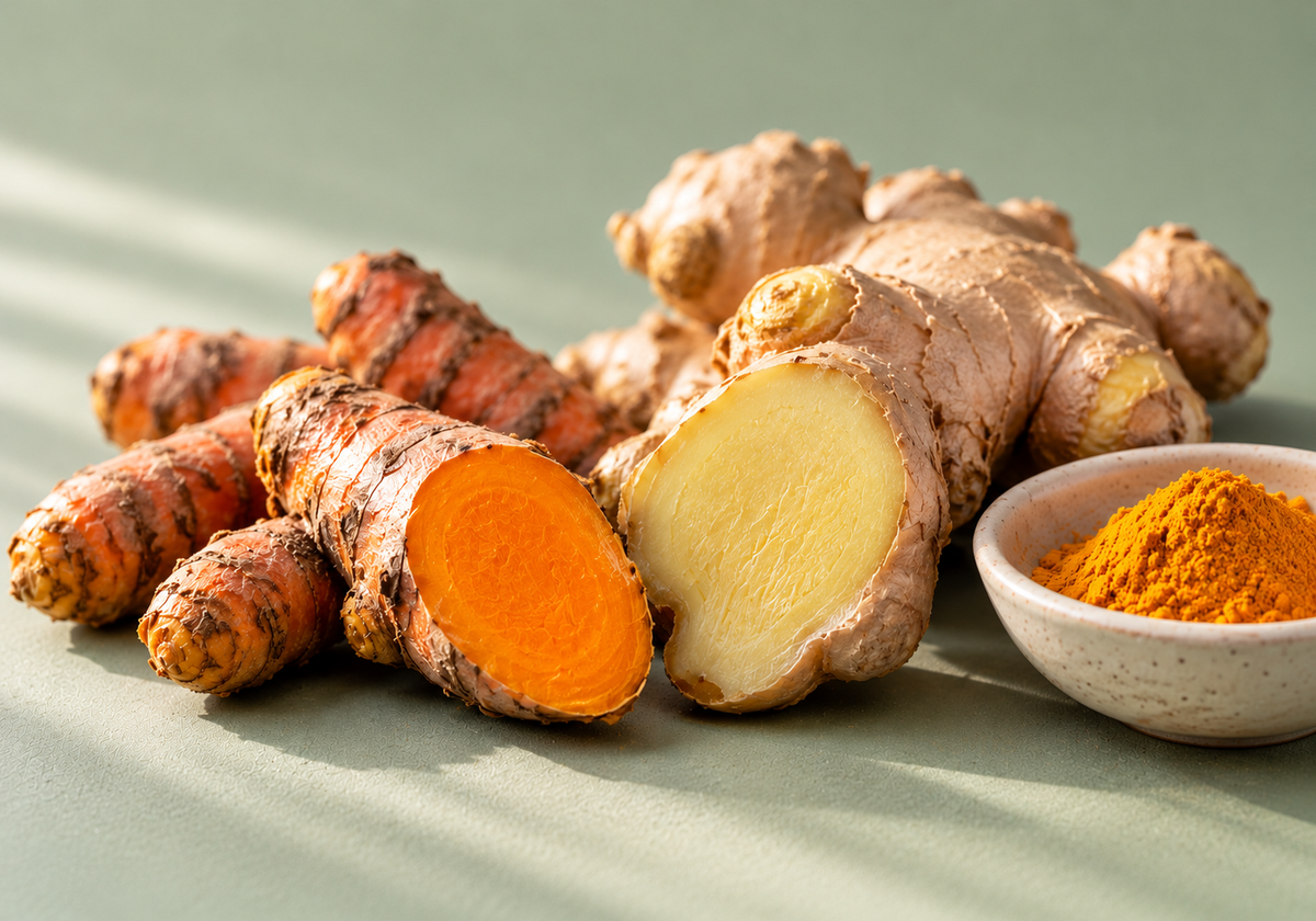 Fresh turmeric and ginger roots with cut surfaces beside a bowl of turmeric powder on a sage-green background.